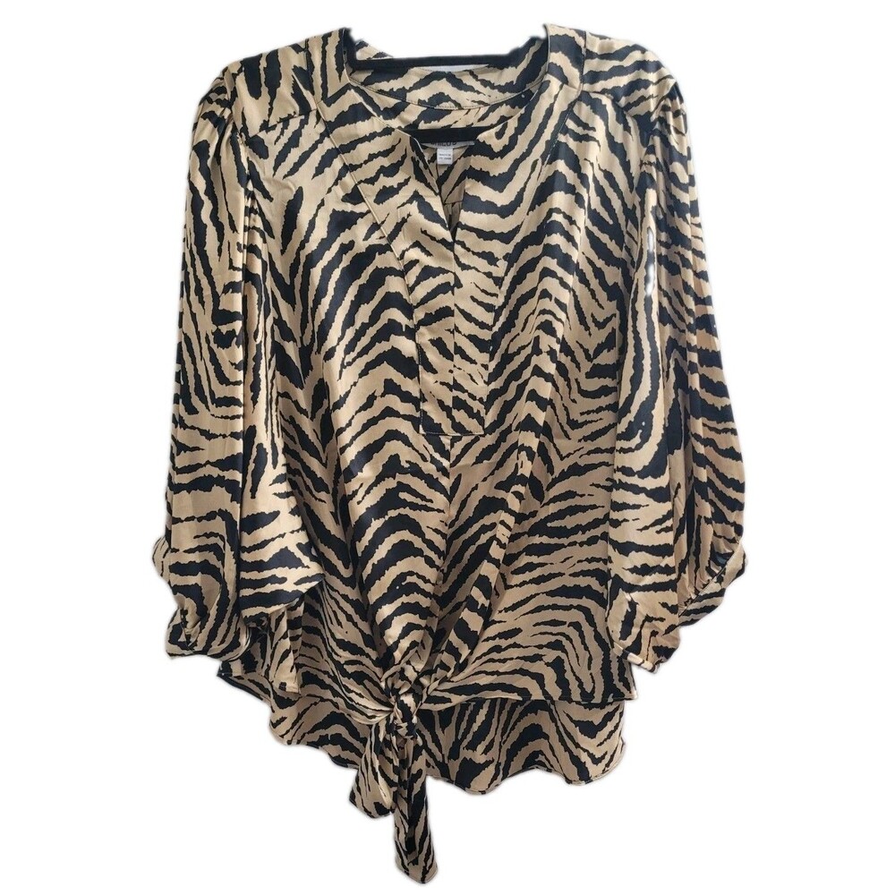 Chico's Zebra Print Blouse Size 3 16 XL Tie Front 3/4 Sleeve Black Tan NWT